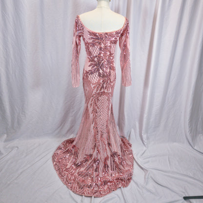 Dazzling Rose Gold Sequin Off-Shoulder Gown for Glam Events