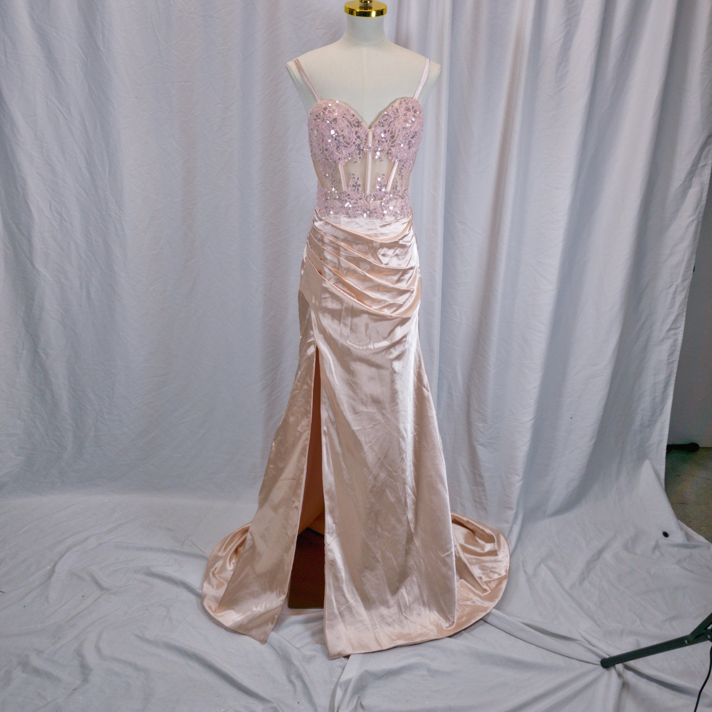 Dazzling Rose Quartz Satin Dress with Bejeweled Bodice