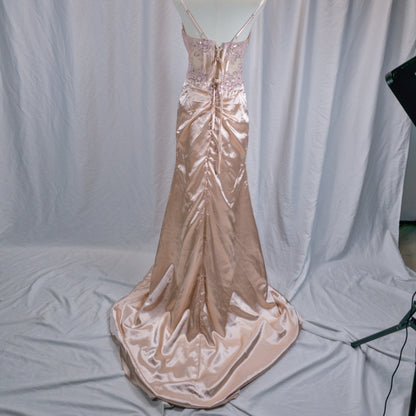 Dazzling Rose Quartz Satin Dress with Bejeweled Bodice