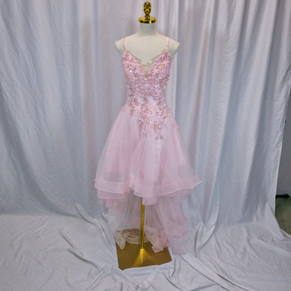 Dazzling Pink Glamour: High-Low Embroidered Evening Dress