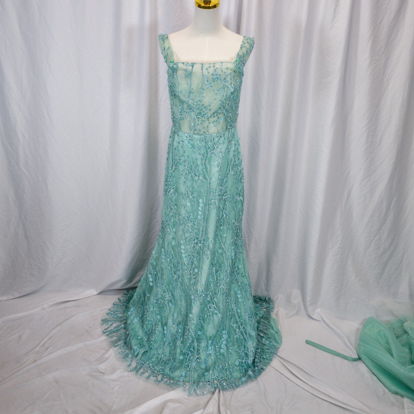 Dazzling Seafoam Lace Off-Shoulder Gala Gown
