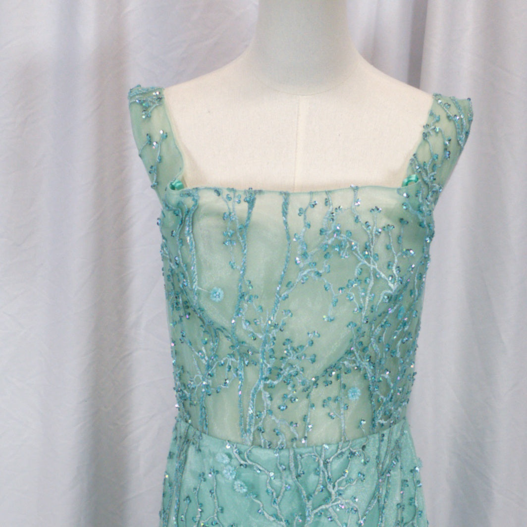 Dazzling Seafoam Lace Off-Shoulder Gala Gown
