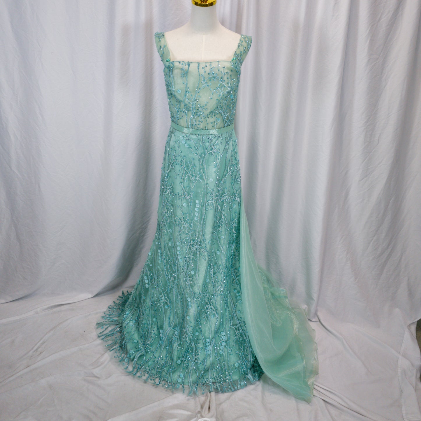 Dazzling Seafoam Lace Off-Shoulder Gala Gown