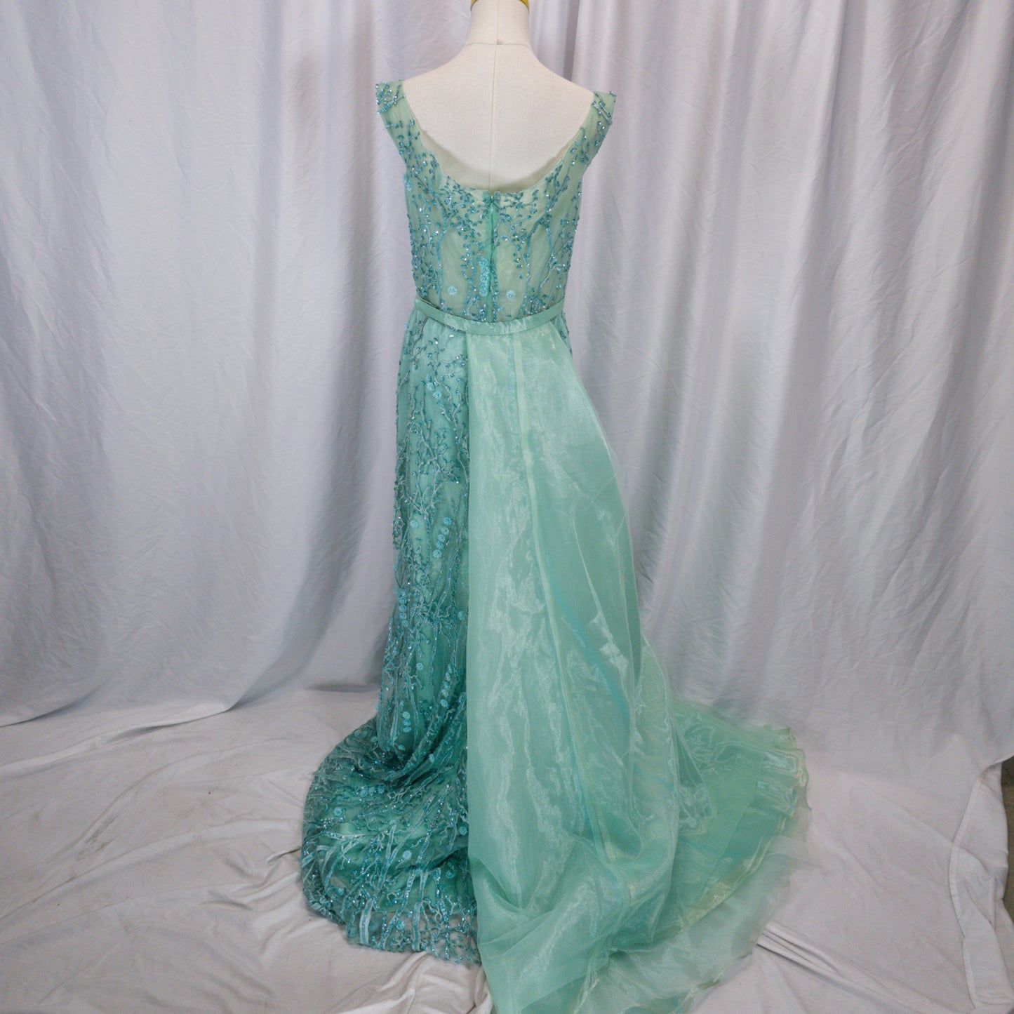 Dazzling Seafoam Lace Off-Shoulder Gala Gown