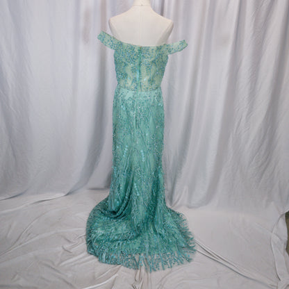 Dazzling Seafoam Lace Off-Shoulder Gala Gown