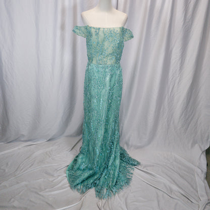 Dazzling Seafoam Lace Off-Shoulder Gala Gown