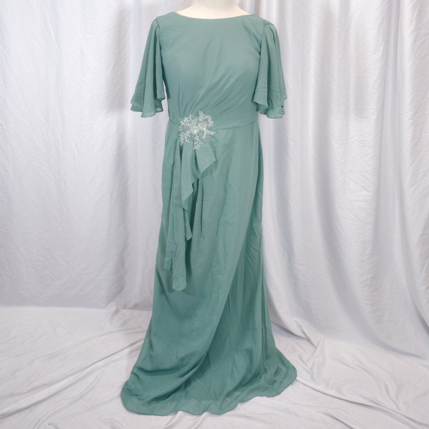 Enchanted Sage Chiffon Dress with Dazzling Floral Accent