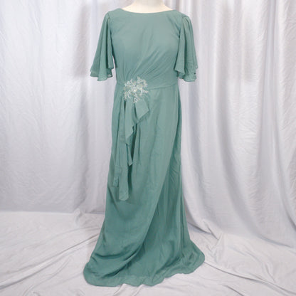 Enchanted Sage Chiffon Dress with Dazzling Floral Accent