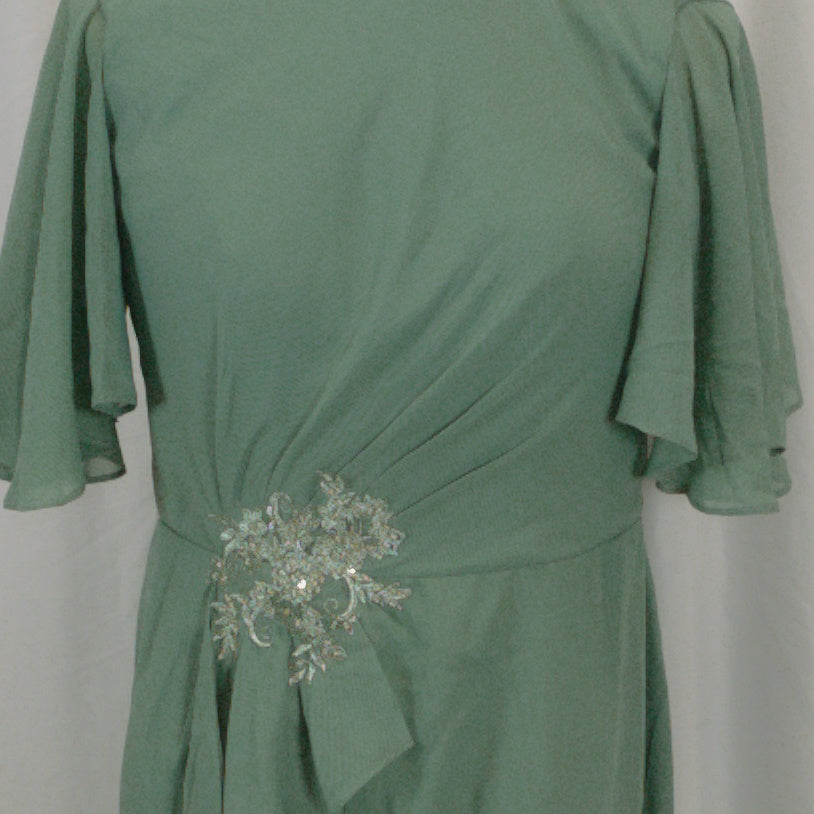 Enchanted Sage Chiffon Dress with Dazzling Floral Accent