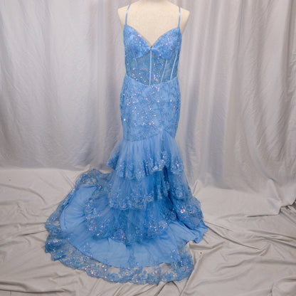 Dazzling Ice Blue Tiered Tulle Gown for Unforgettable Nights
