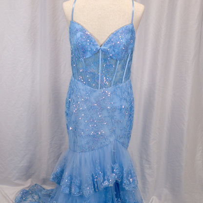 Dazzling Ice Blue Tiered Tulle Gown for Unforgettable Nights