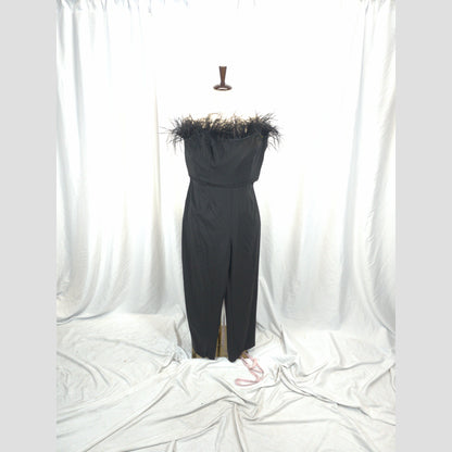 Fierce Black Feather-Trimmed Jumpsuit for Alluring Nights