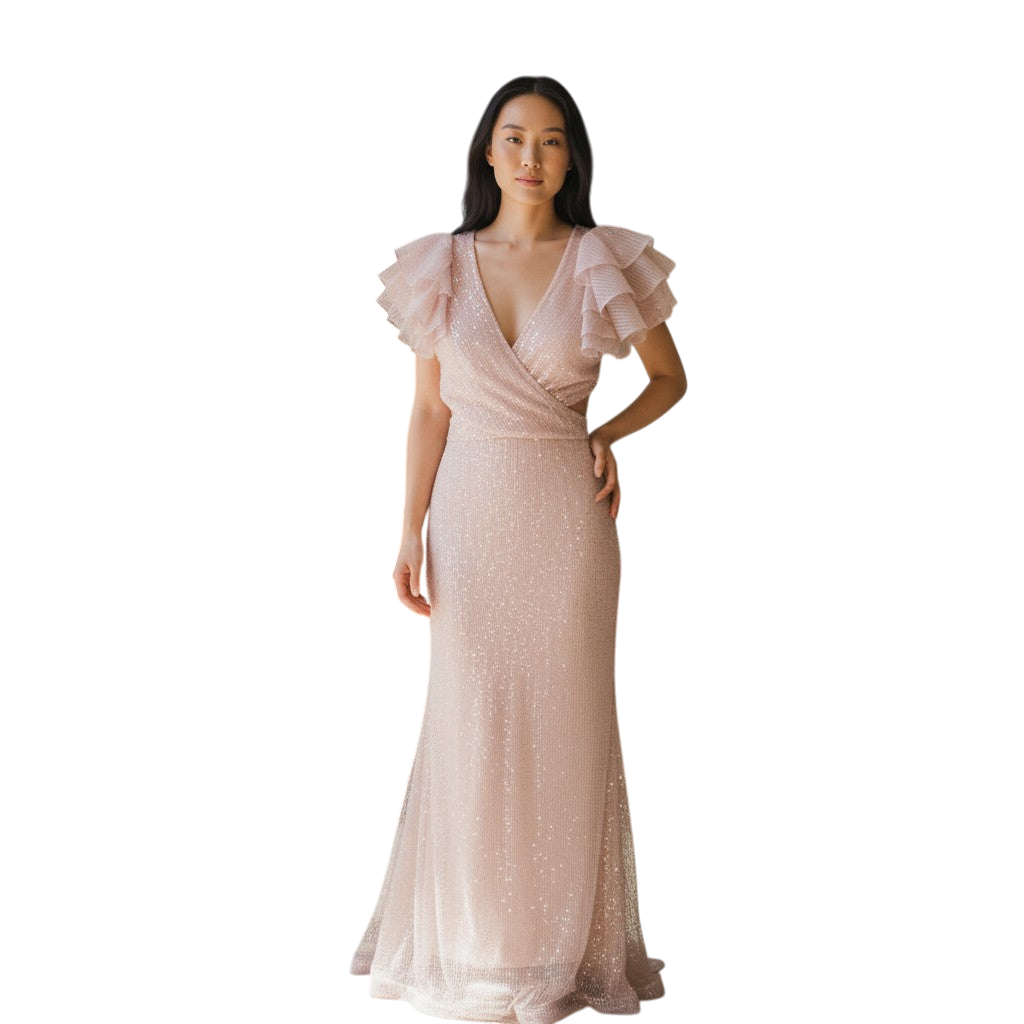 Whimsical Flutter Glamour Gown - Shine in Blush Pink!