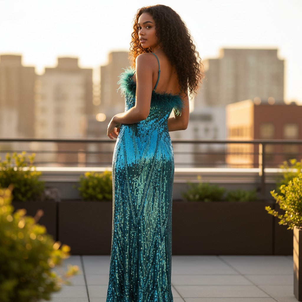 Sparkle Queen Sequin Evening Dress with Feather Trim