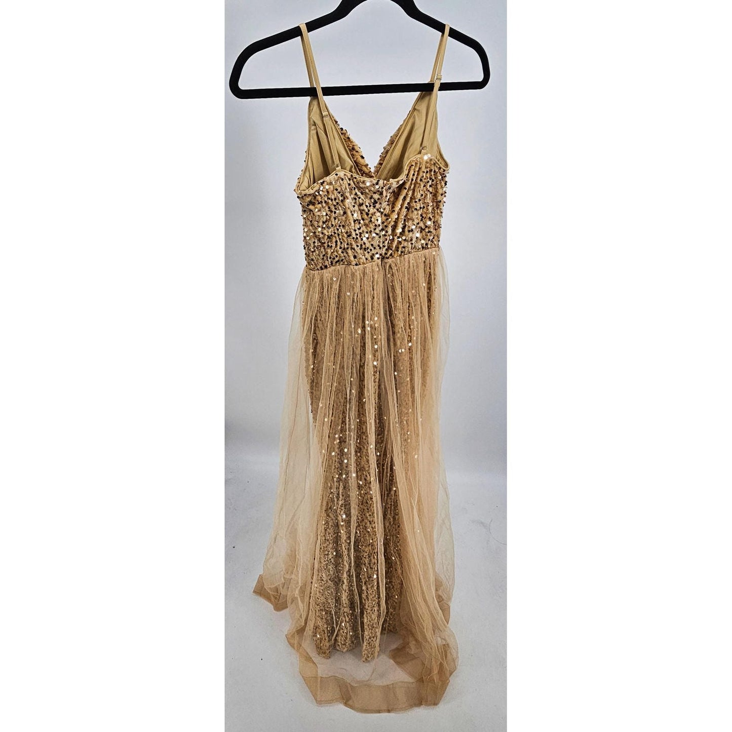 Sparkling Gold Sequin Maxi Dress with Tulle Overlay