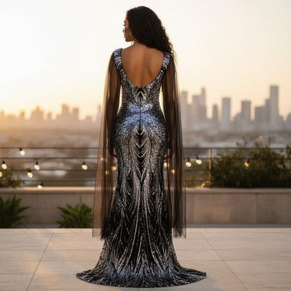 Sequined Evening Dress with Dramatic Sheer Sleeves