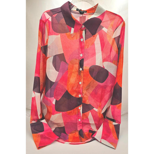 Abstract Print Button-Up Blouse - A Kaleidoscope of Color!