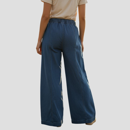Wide Leg Jeans Elastic Waist and Drawstring Light Wash