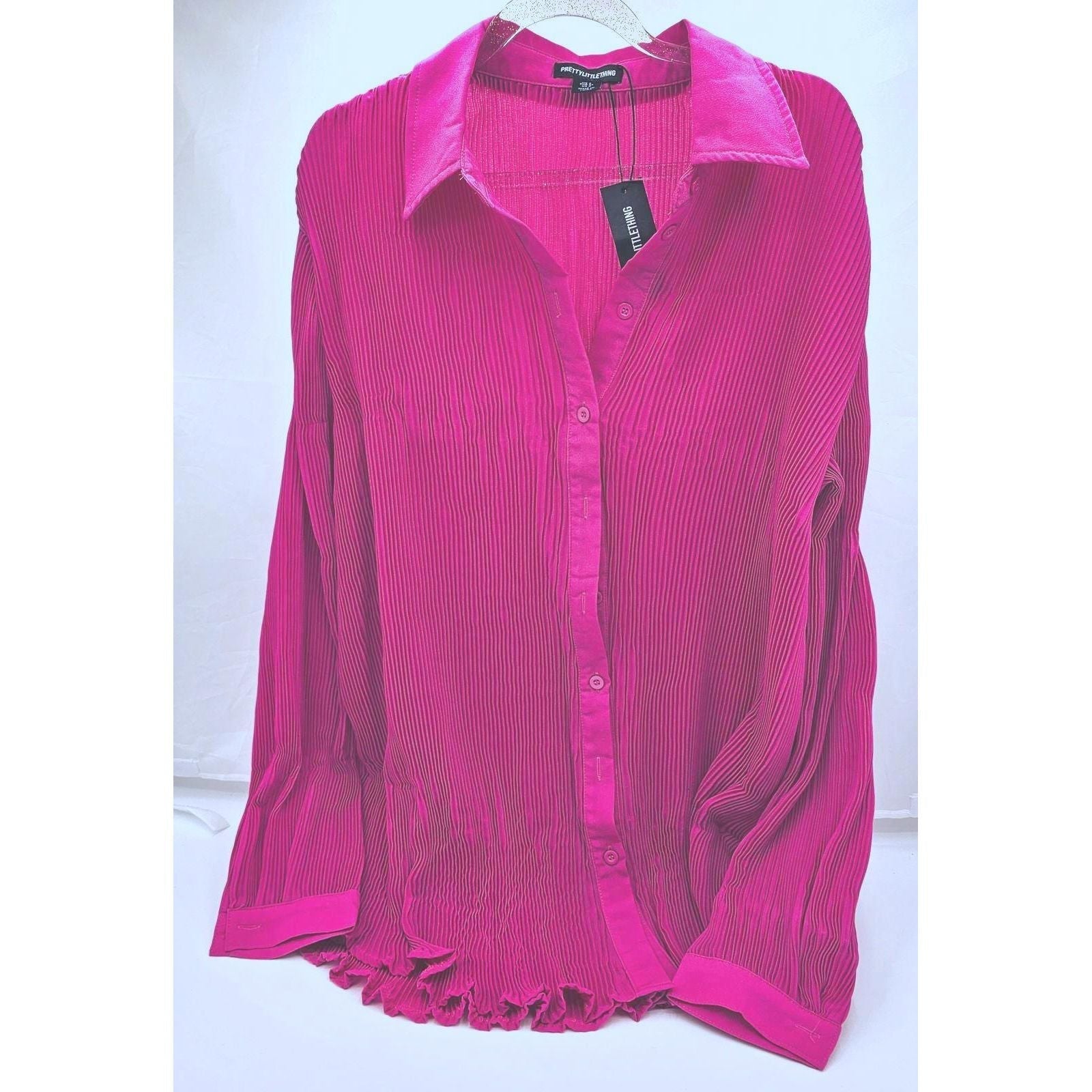 PrettyLittleThing Pink Crinkle Button-Up Blouse - The Bold Statement Maker/8