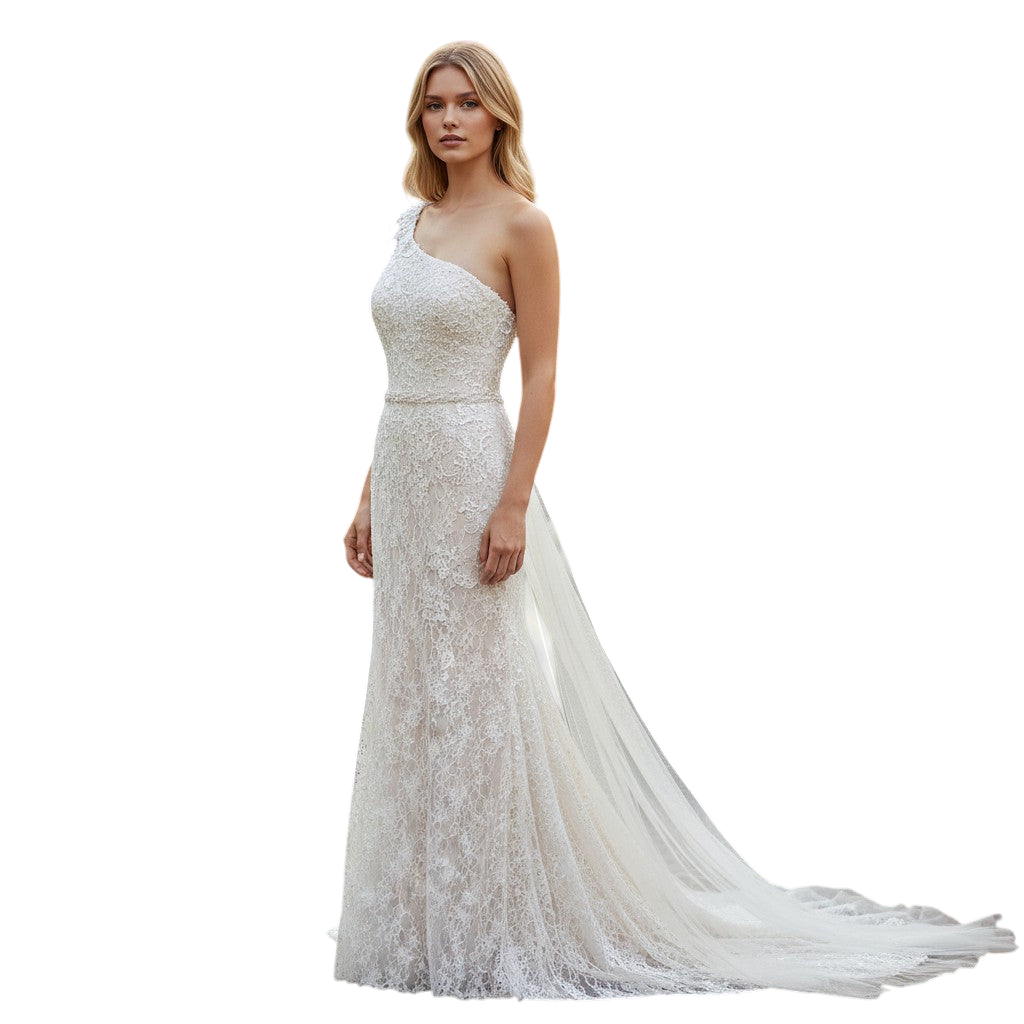 Whimsical Lace Dreams: The One-Shoulder Wonder Gown