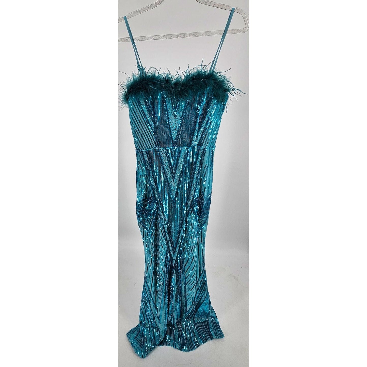 Sparkle Queen Sequin Evening Dress with Feather Trim