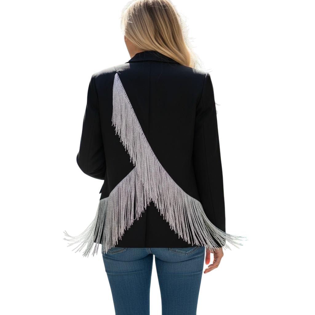 Chic Women's Blazer with Sparkling Fringe Back