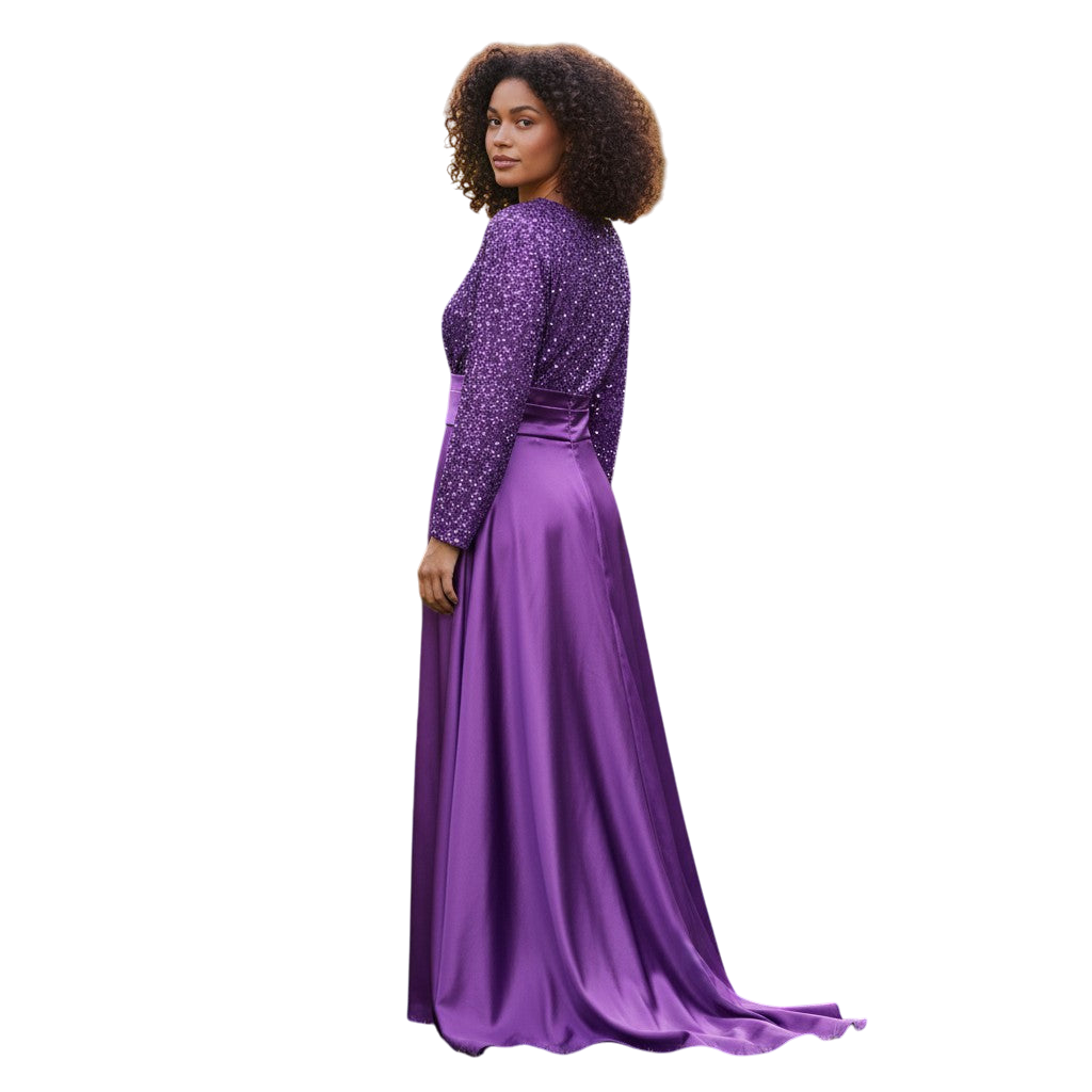 Dazzling Sequin & Satin Evening Gown - Long Sleeve Elegannce