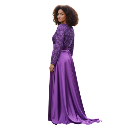Dazzling Sequin & Satin Evening Gown - Long Sleeve Elegannce