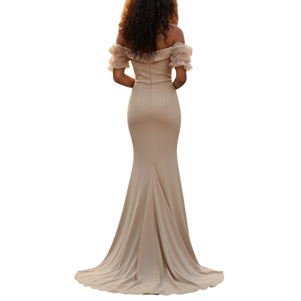 Chic Mirage: Flirty Off-Shoulder Goddess Gown