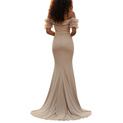 Chic Mirage: Flirty Off-Shoulder Goddess Gown