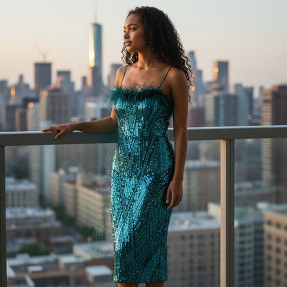 Sparkle Queen Sequin Evening Dress with Feather Trim