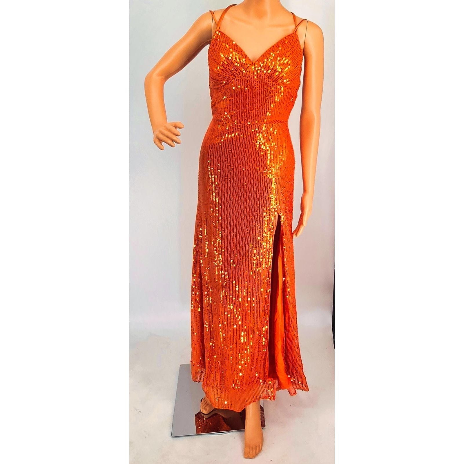 FaeryStyle Dazzling Orange Sequin Evening Dress with Backless Strappy Design/4