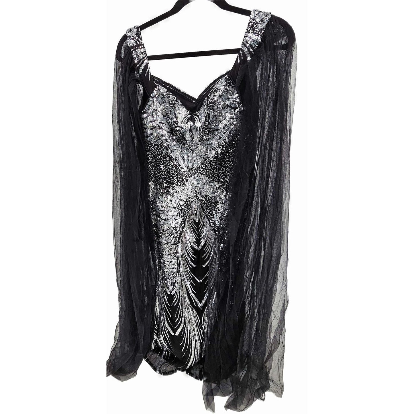 Sequined Evening Dress with Dramatic Sheer Sleeves