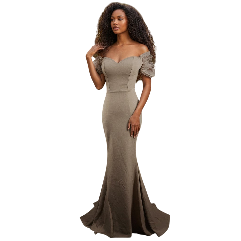 Chic Mirage: Flirty Off-Shoulder Goddess Gown