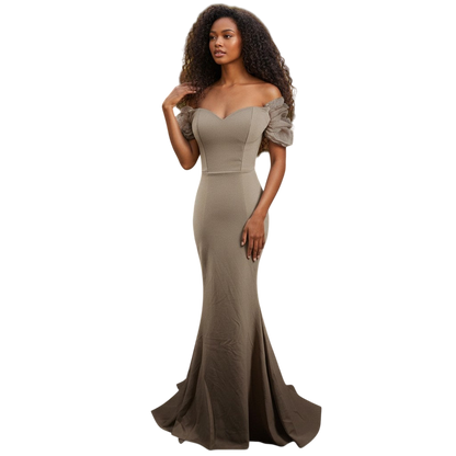 Chic Mirage: Flirty Off-Shoulder Goddess Gown