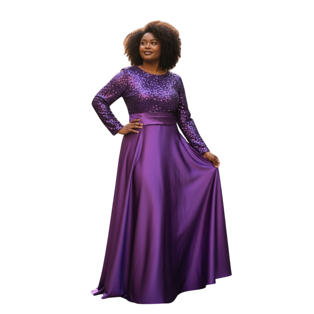 Dazzling Sequin & Satin Evening Gown - Long Sleeve Elegannce