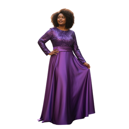 Dazzling Sequin & Satin Evening Gown - Long Sleeve Elegannce