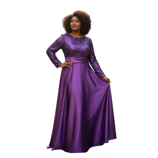 Dazzling Sequin & Satin Evening Gown - Long Sleeve Elegannce