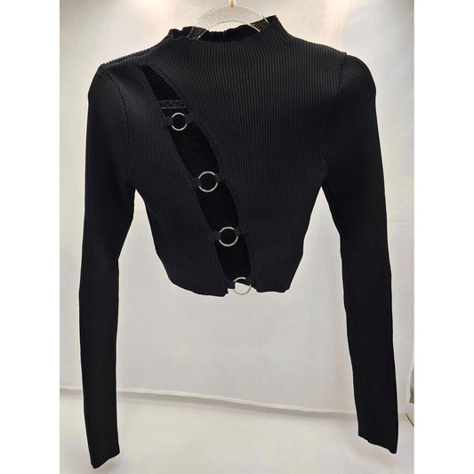 PrettyLittleThing Edgy Black Ribbed Crop Top with Ring Detail/S
