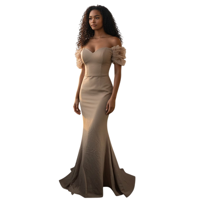 Chic Mirage: Flirty Off-Shoulder Goddess Gown