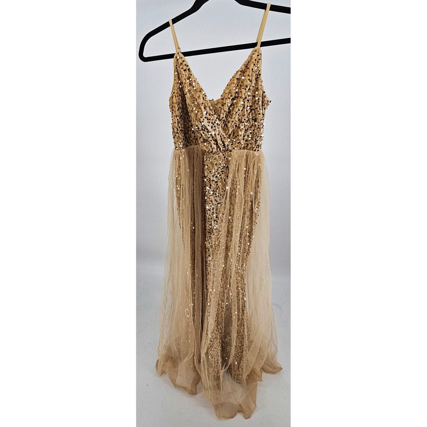 Sparkling Gold Sequin Maxi Dress with Tulle Overlay