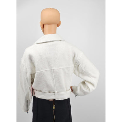 Chic White Faux Leather Moto Jacket with Belt/M