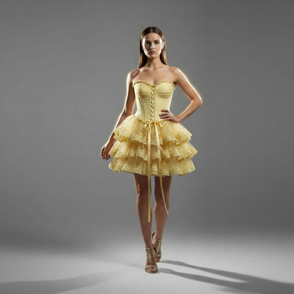 Yellow Ruffled Strapless Dress with Lace Trim for Summer Events