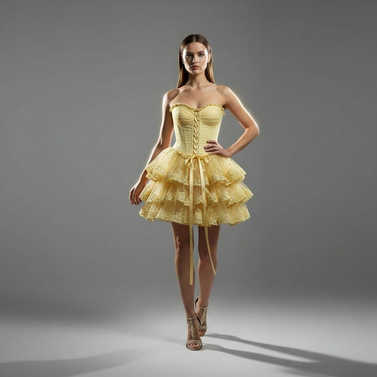 Yellow Ruffled Strapless Dress with Lace Trim for Summer Events