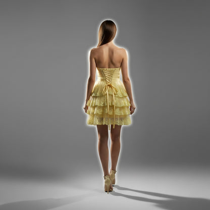 Yellow Ruffled Strapless Dress with Lace Trim for Summer Events