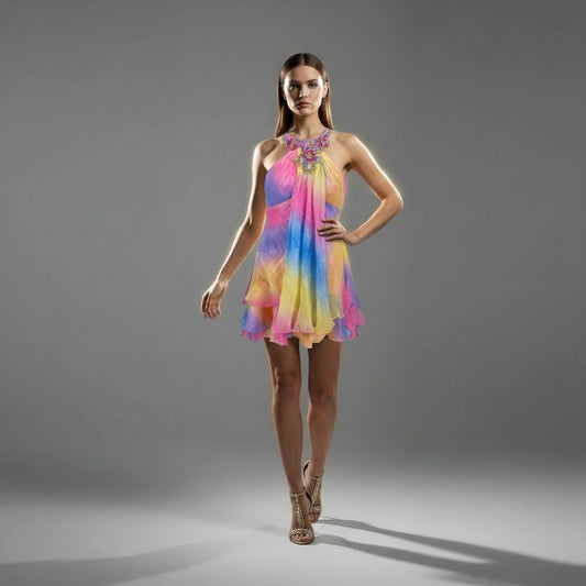 Vibrant Multi-Color Chiffon Dress: A Kaleidoscope of Bold Style