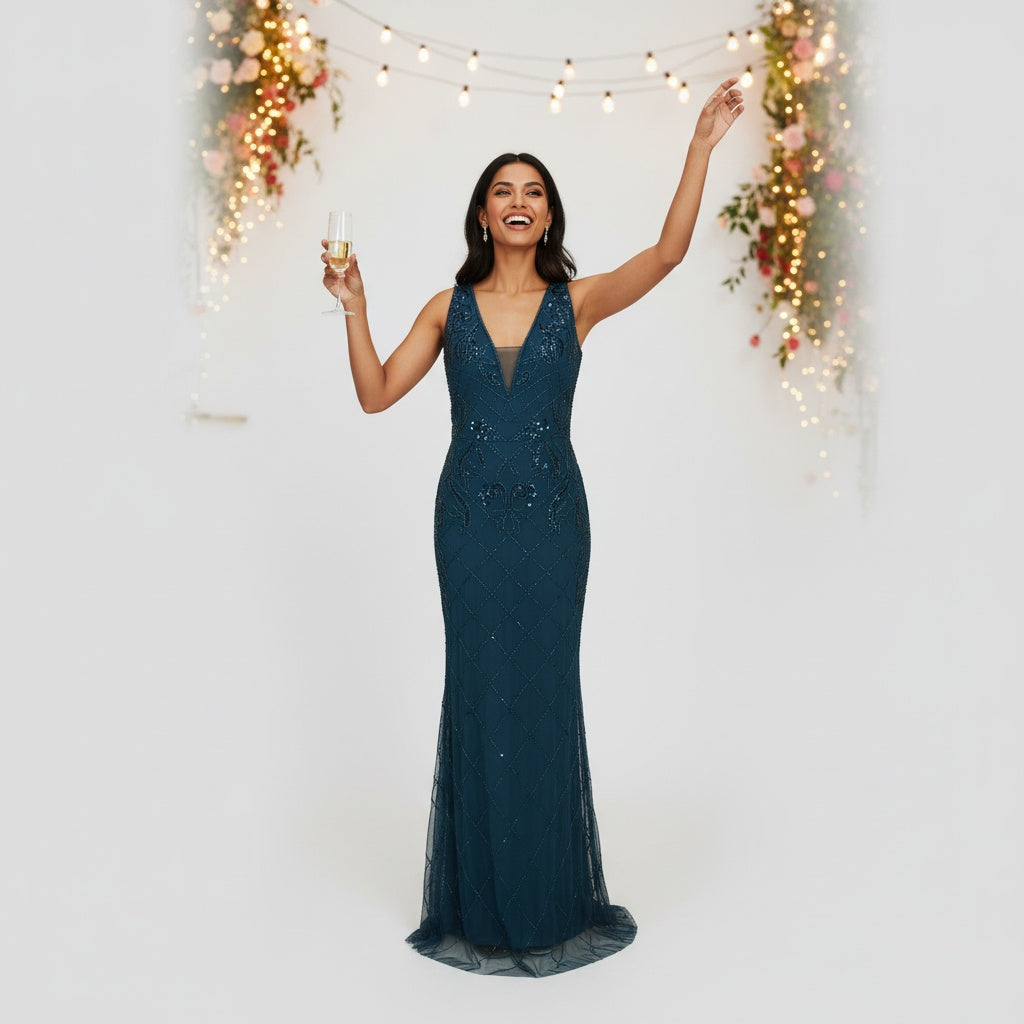 Sapphire Depth in Tulle and Sequins