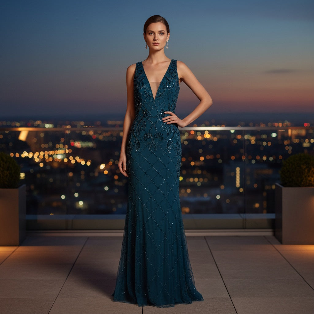 Sapphire Depth in Tulle and Sequins