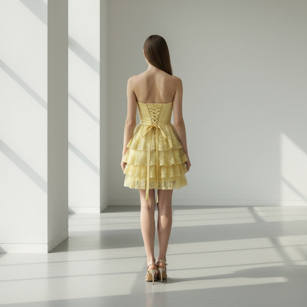 Yellow Ruffled Strapless Dress with Lace Trim for Summer Events