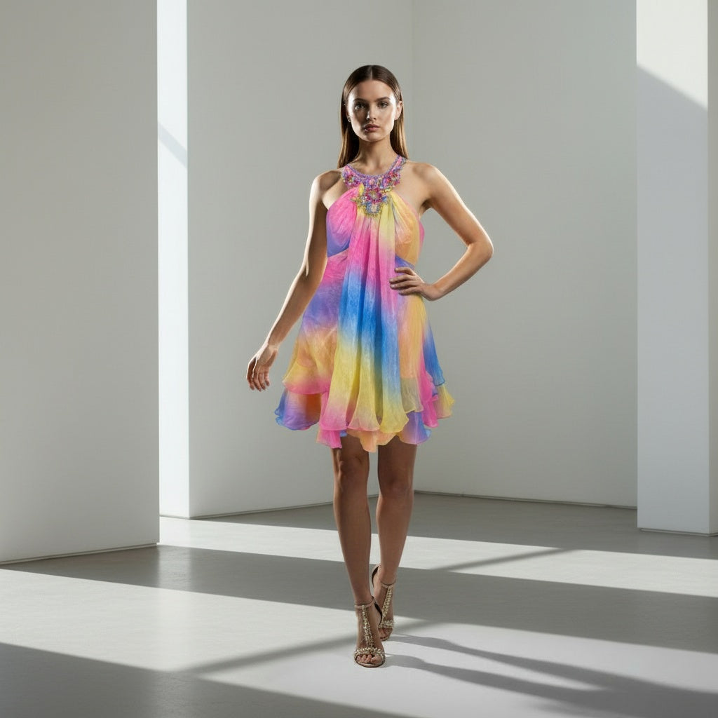Vibrant Multi-Color Chiffon Dress: A Kaleidoscope of Bold Style